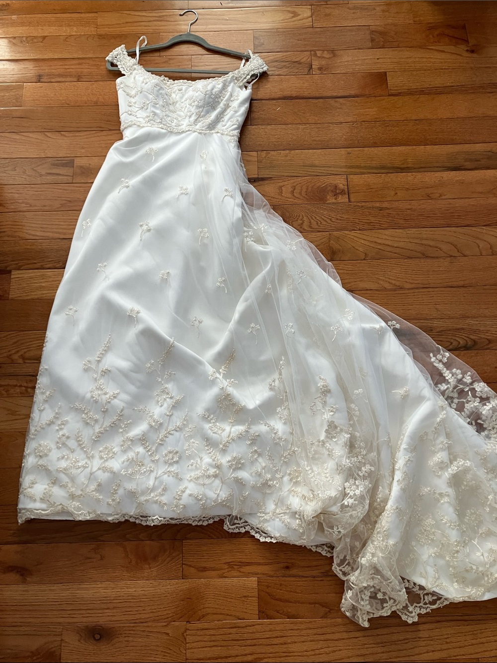 Eden Bridals Off the Shoulder A-Line Satin & Beaded Lace Wedding Dress - Size 4